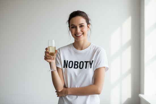 Smiling model in wrinkled NOBOTY tee, mock champagne